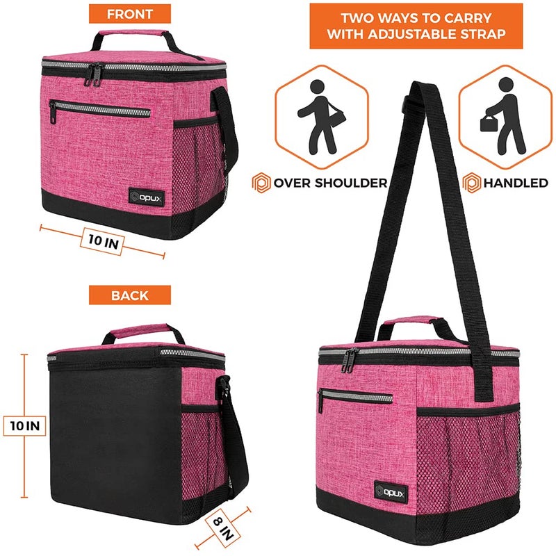 opux Extra Large Insulated Lunch Box Men Women, Lunch Bag for Work, Leakproof Soft Cooler Tote Adult, Lunch Pail, Picnic Beach Collapsible Food Bag with Shoulder Strap, Pink - Image 4